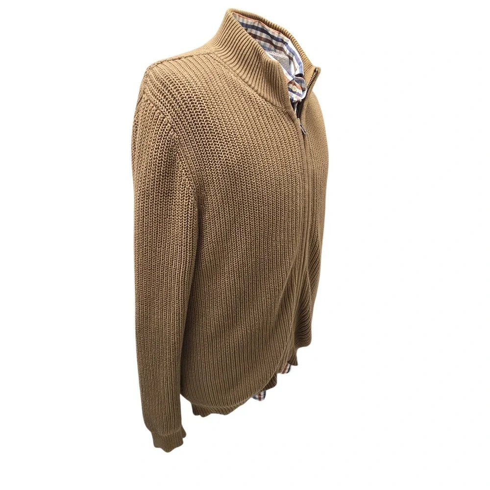 Vtg 90s LL Bean Full Zip Chunky Knit Ribbed Cotton Sweater Dark Tan Men's L MINT